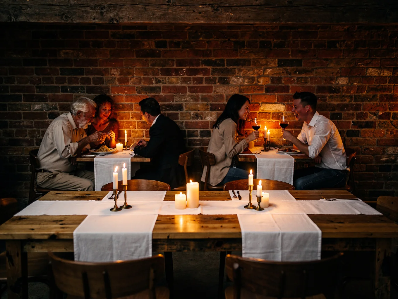 Warm candlelight illuminating a rustic-modern dining room with exposed brick walls