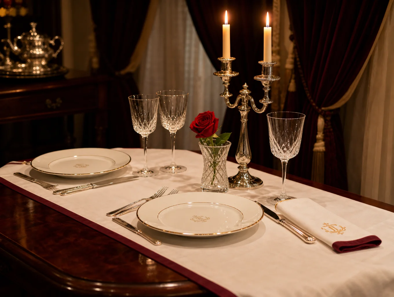 An intimate two-top table set with fine linen and flickering candlelight