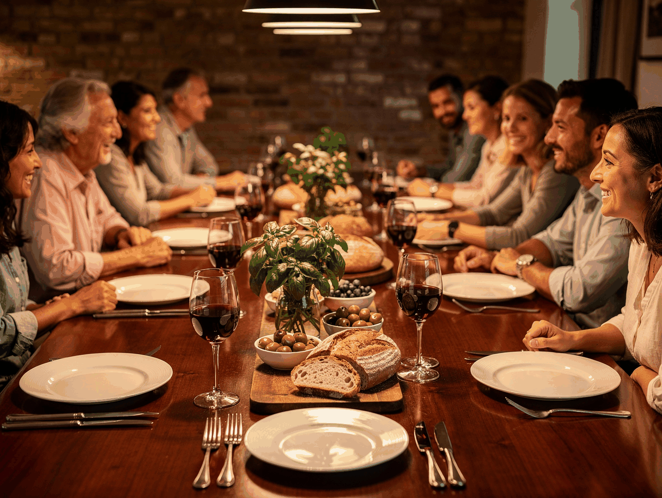 Long wooden dining table set for an evening multi-course dinner near open kitchen