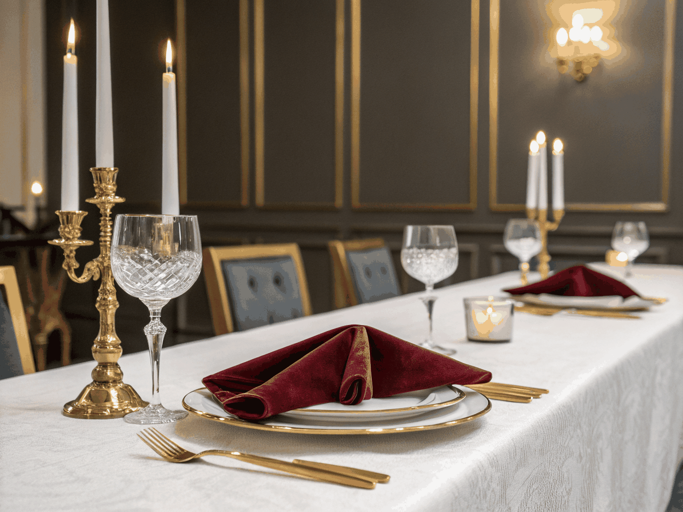 Intimate candlelit table setting in a modern dining room