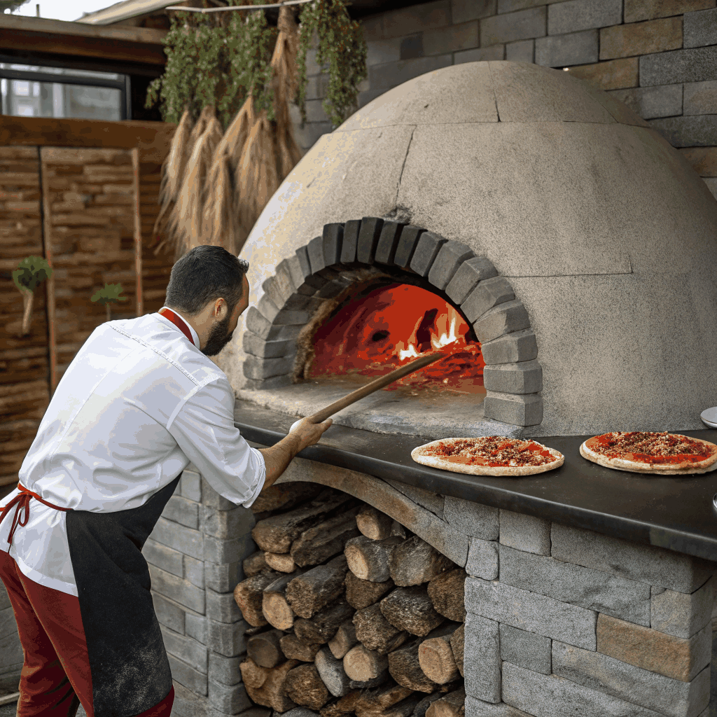 Traditional wood-fired oven in the open kitchen