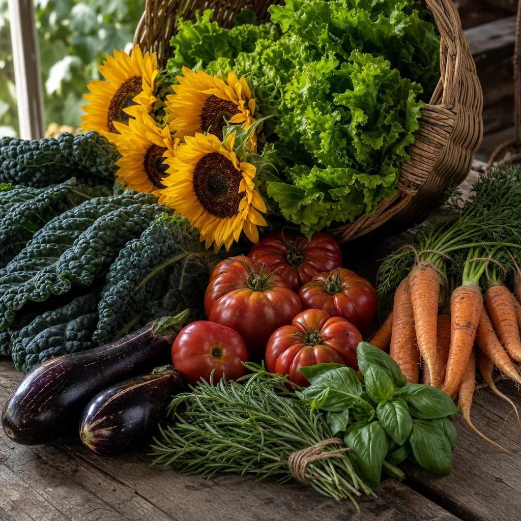Fresh seasonal vegetables on a wooden table