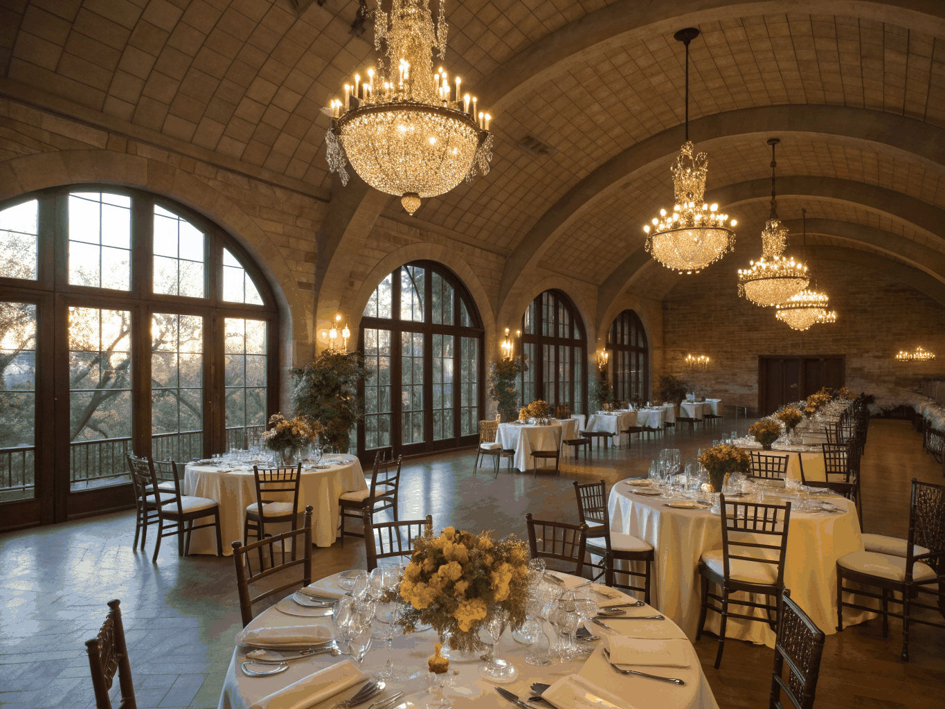 Elegantly arranged banquet tables in the Garden dining hall