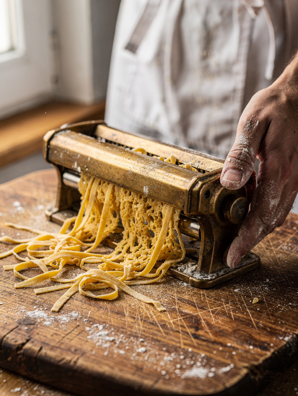 Freshly extruded bronze-die pasta being prepared by hand in the kitchen