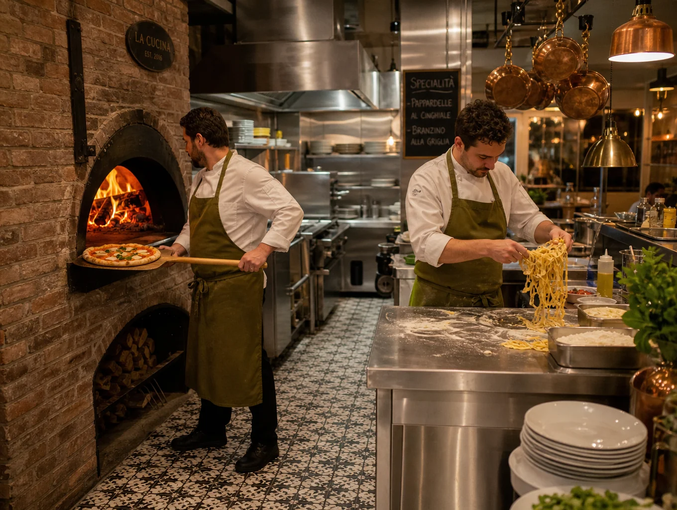 Steam rising from the open kitchen pass as chefs plate seasonal Italian dishes