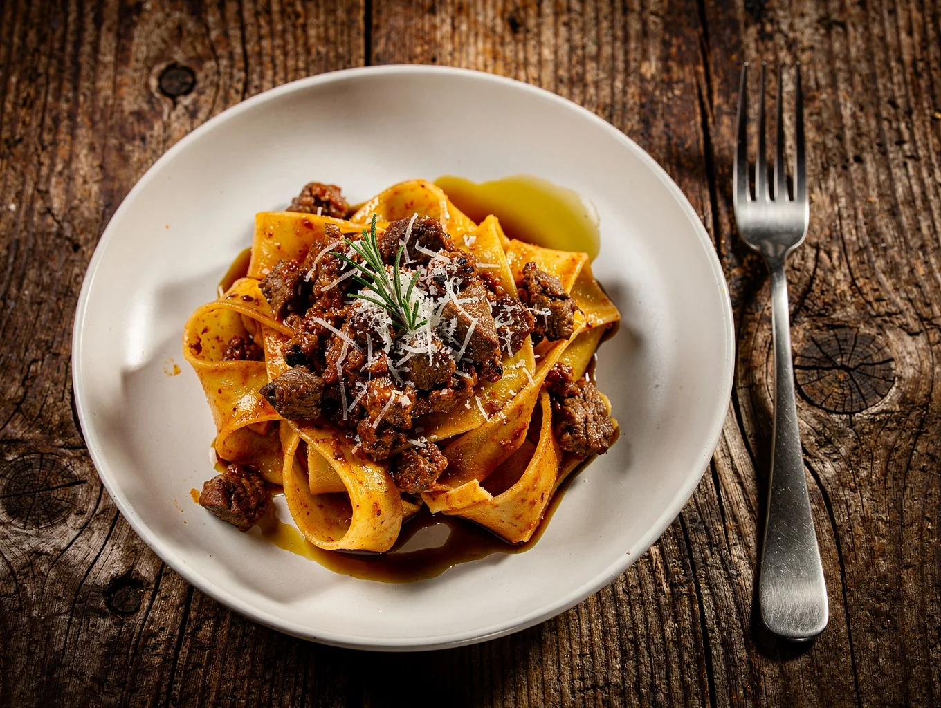 Wide pappardelle pasta with rich meat ragu