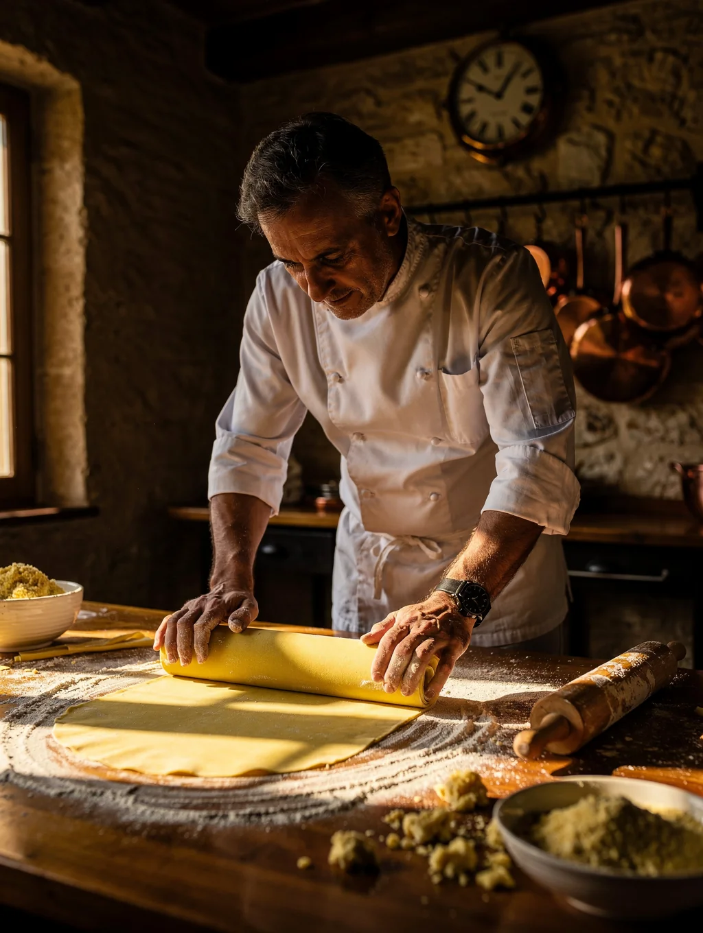 Chef hand-rolling fresh pasta in our open kitchen