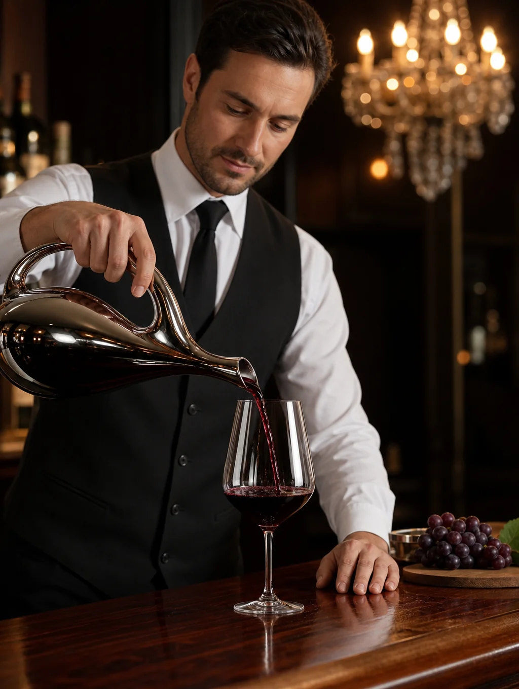 Sommelier pouring a glass of deep red wine in the dining room