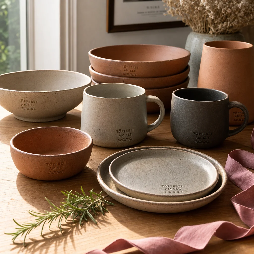 Hand-crafted terracotta pottery displayed on a rustic wooden shelf