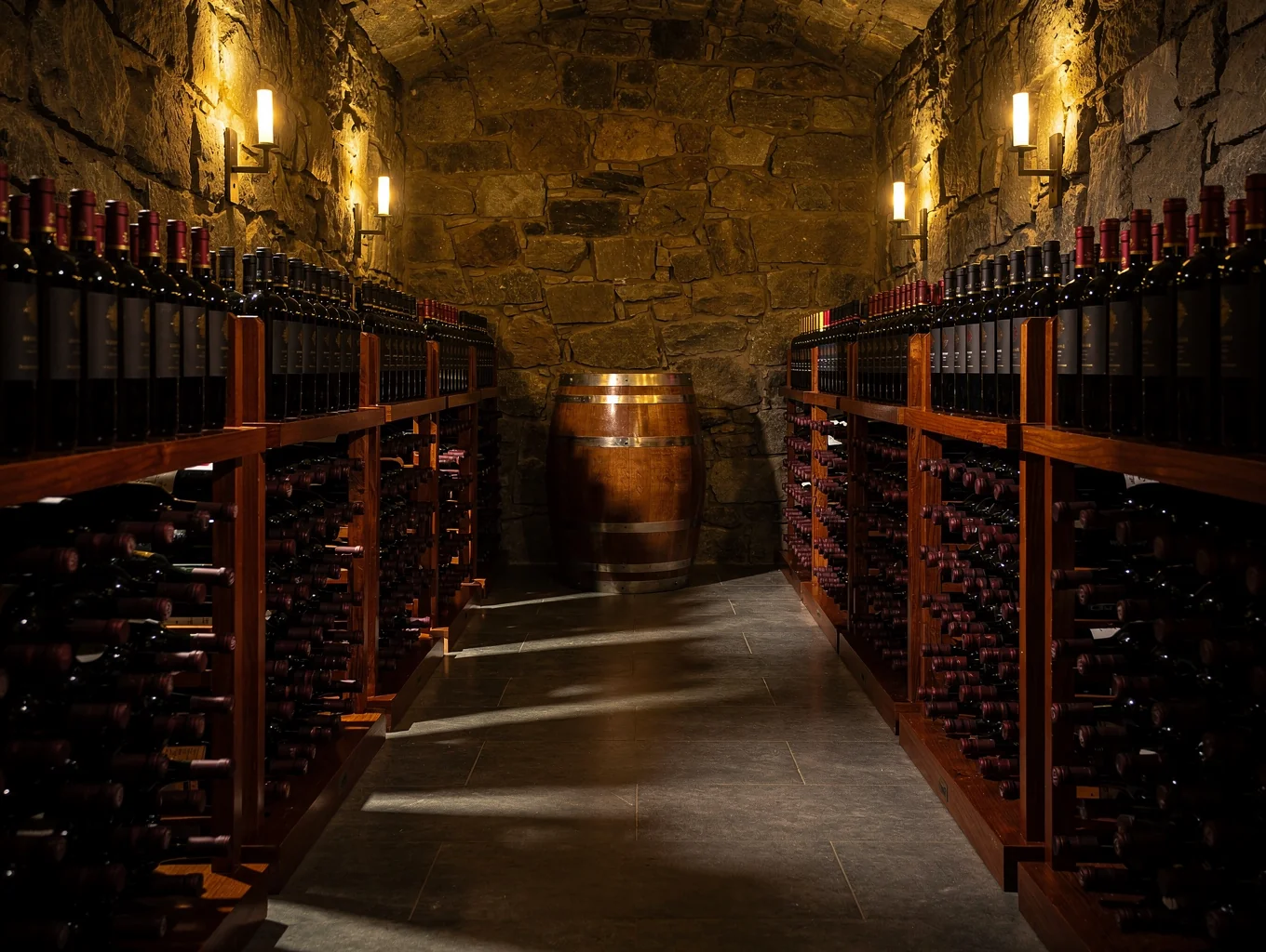 A stone-arched wine cellar filled with aged oak casks and vintage bottles