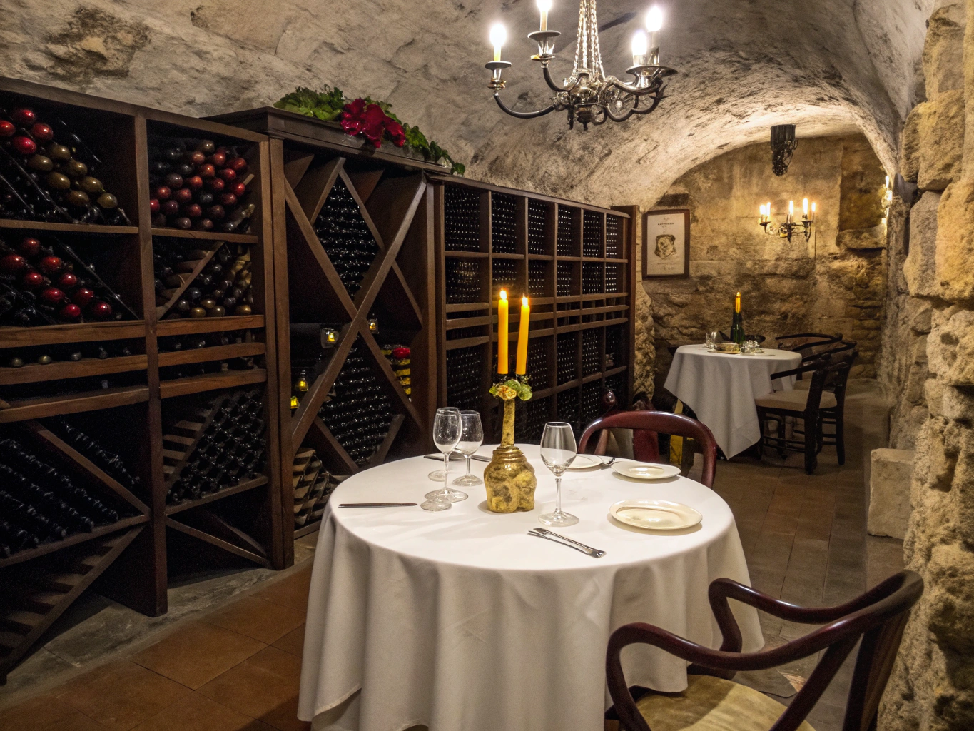 Private wine cellar dining room with candlelit table and vintage wine racks